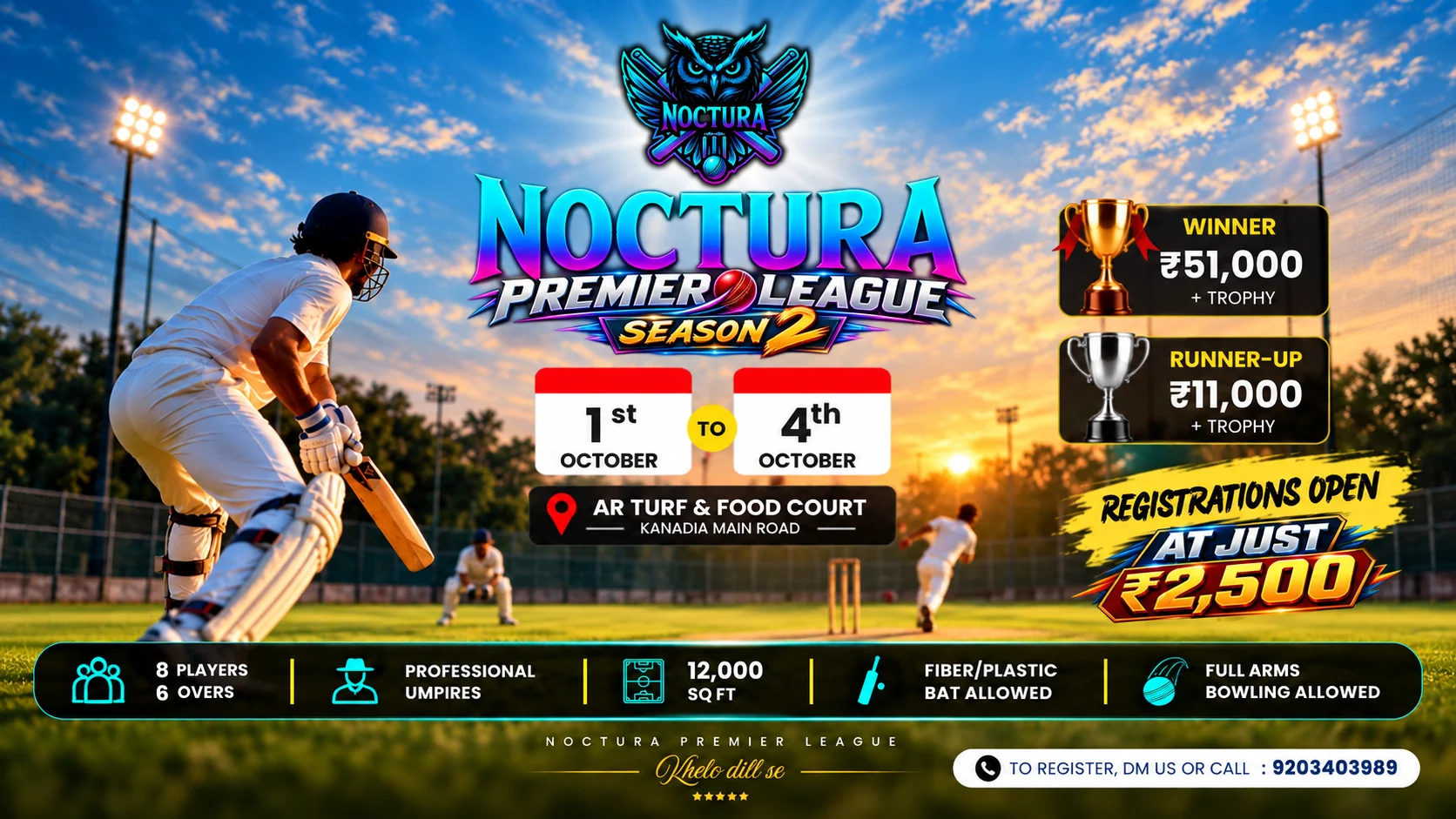 Join Noctura Premier League Season 2, a box cricket tournament in Indore from 1–4 October 2026 at AR Turf, Kanadia Road. Entry Rs 2,500. Win Rs 51,000 + trophy. Register now.